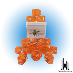 SET OF 15 DICE: TRANSLUCENT BLOOD ORANGE/YELLOW